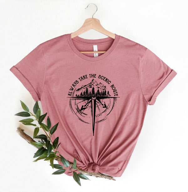 Always Take The Scenic Route Shirt, Mountain Shirt, Hiking Shirt, Wilderness Graphic Shirt for Her, Cool Outdoor Shirt for Him, Forest Print