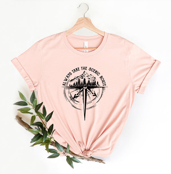 Always Take The Scenic Route Shirt, Mountain Shirt, Hiking Shirt, Wilderness Graphic Shirt for Her, Cool Outdoor Shirt for Him, Forest Print