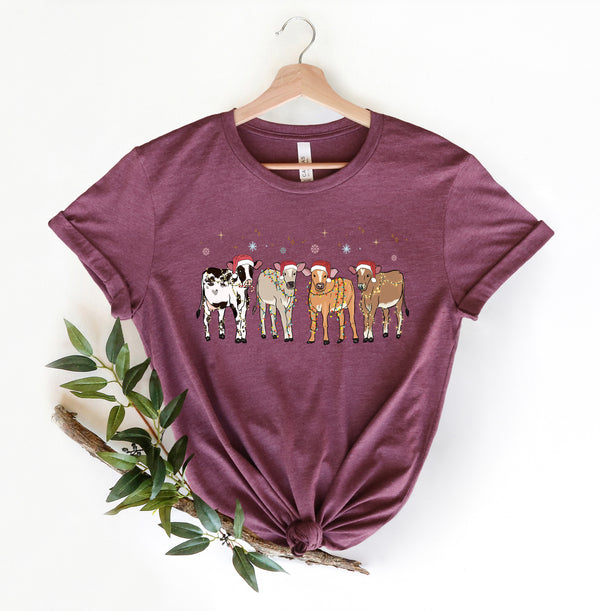 Retro Christmas Shirt, Christmas Cow Shirt for Women, Christmas Light Shirts, Christmas Gift for Her, Christmas Cow Shirt, Xmas Gift